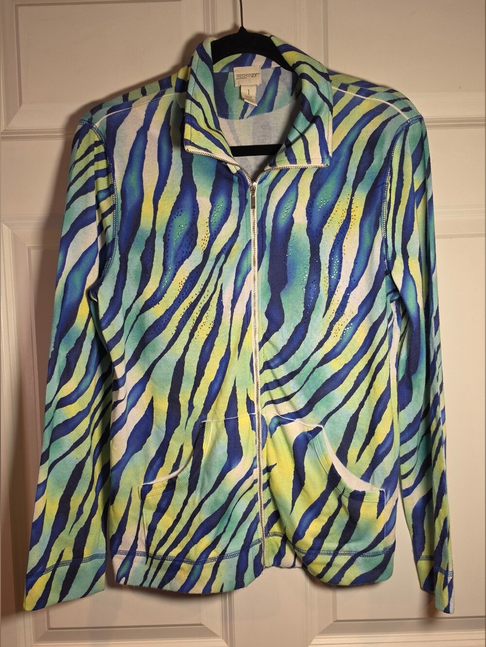 Chico's Zenergy Blue & Green Zebra Print Zip Sweater M (Chicos 1)